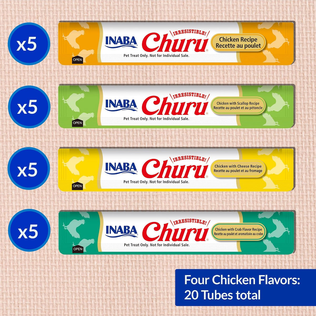 INABA Churu Cat Treats, Lickable, Squeezable Creamy Purée Cat Treat with Green Tea Extract & Taurine, 0.5 Ounces Each Tube, 20 Tubes, Chicken Variety Box